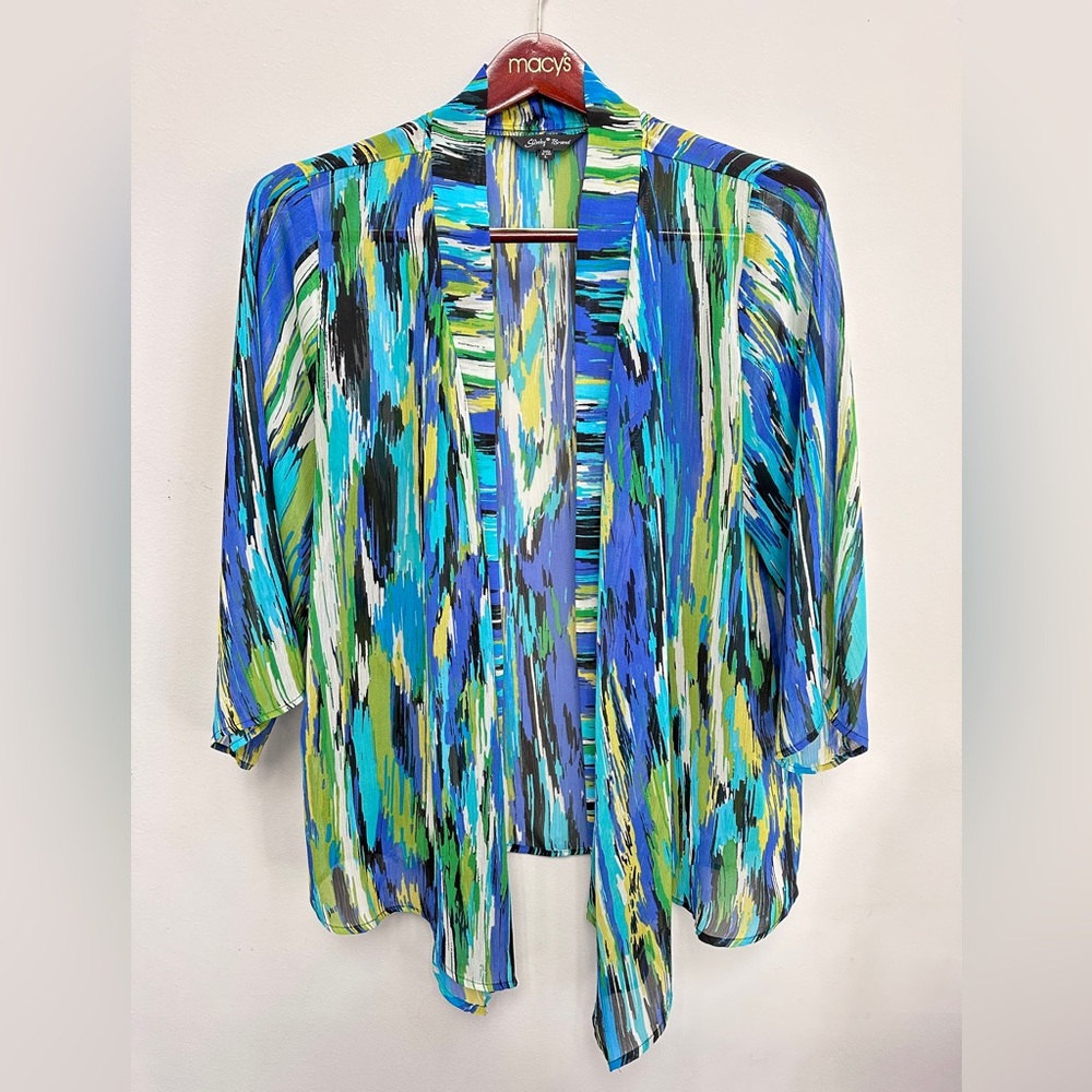slinky brand blue green print open front chiffon cardigan size L